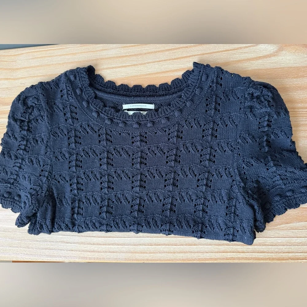 Anthropologie Black Crochet Short-Sleeve Knit Top - BLK| M NWOT